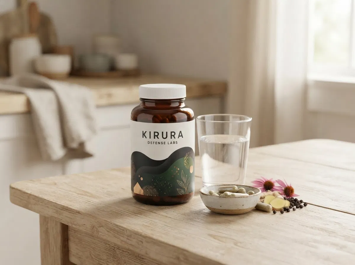 Kirura Defense Labs bottle on a light kitchen counter with a glass of water