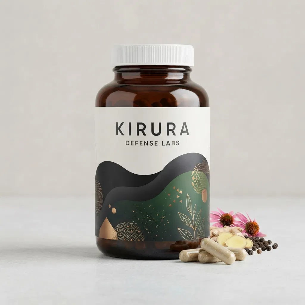 Kirura Defense Labs white bottle with 90 capsules